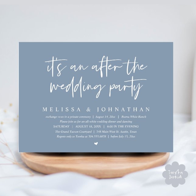Convite É um após a festa de casamento, Janto romântico (It's an after the wedding party, Modern Romantic Dinner Celebration Invitation Card PDF Dusty Blue)