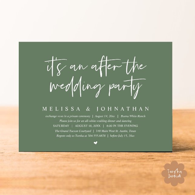 Convite É um após a festa de casamento, Janto romântico (It's an after the wedding party, Modern Romantic Dinner Celebration Invitation Card PDF Sage Green)