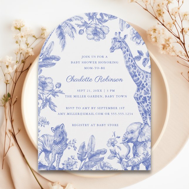 Convite É um Arco Chá de fraldas Toile Safari (It's a Boy Toile Safari Baby Shower Arch Invitation)