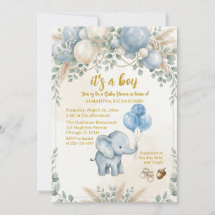Convite É um balão azul menino elefante fofo chá de bebê