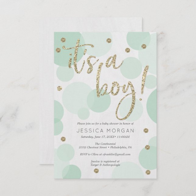 Convite É um Bolinhas verde para bebês. (Frente/Verso)