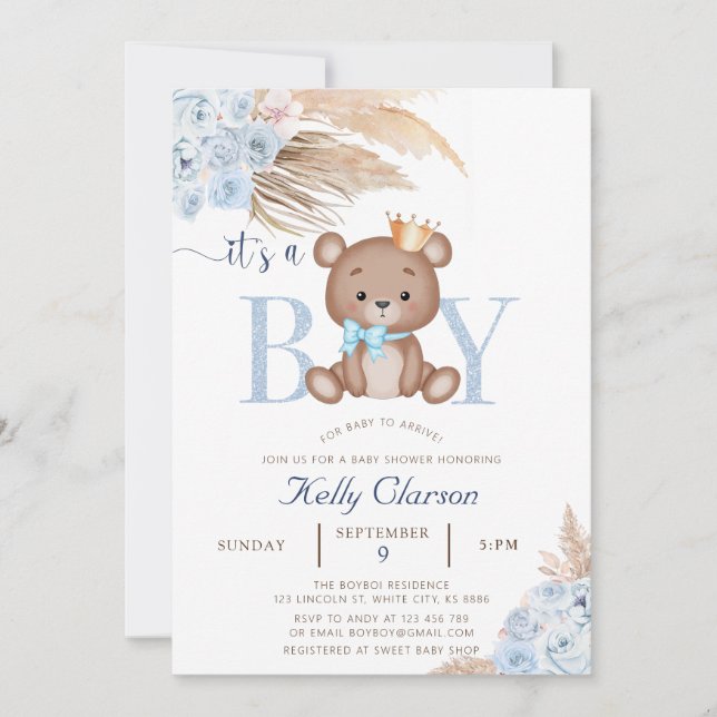 Convite É um "BOY Blue Pampas Grass Boho Teddy Bear" (Frente)