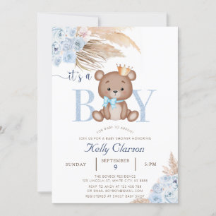 Convite É um "BOY Blue Pampas Grass Boho Teddy Bear"