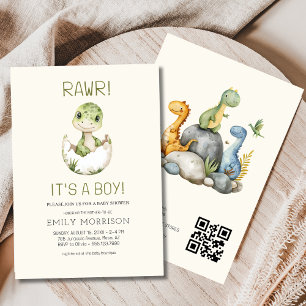 Convite É um Chá Boho Dinossaur Baby Boy QR Boho