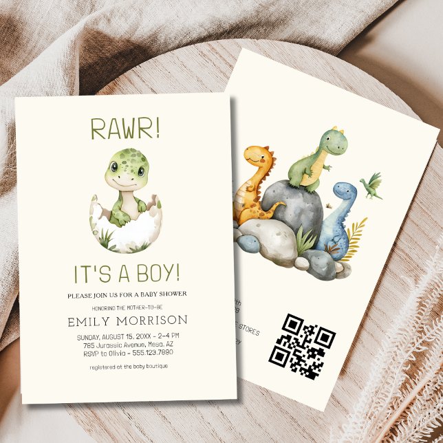 Convite É um Chá Boho Dinossaur Baby Boy QR Boho (Criador carregado)