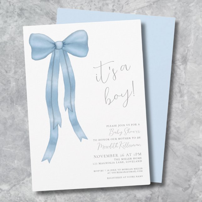 Convite É um Chá de Bebê de Arco para Menino (It's A Boy Bow Baby Shower Invitation)
