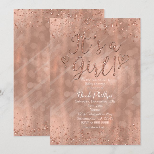 Convite É um Chá de Bebê Menina Rosa Dourado Glamour (Frente/Verso)