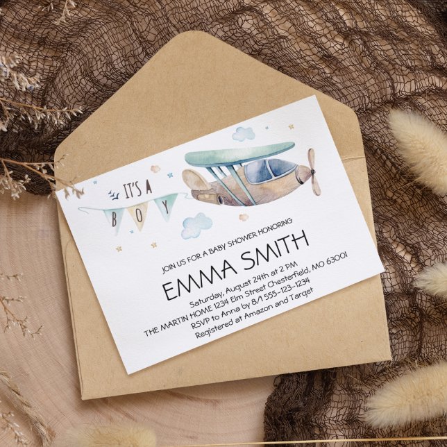 Convite É um Chá de Bebê-Menino de Avião de Aquarela (Criador carregado)