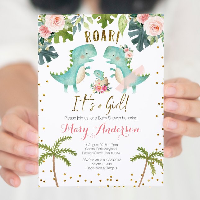 Convite É um Chá de Casal de Dinossauro Dourado Rosa (Criador carregado)