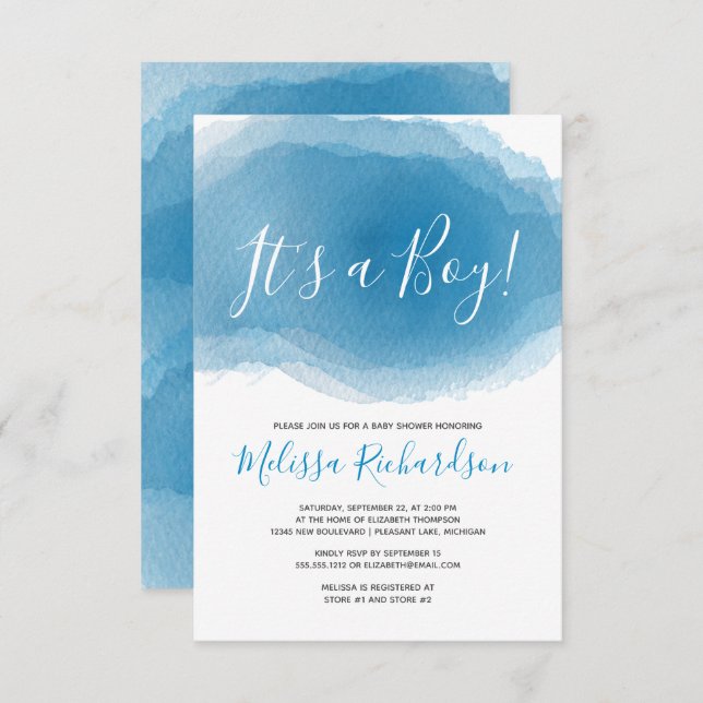 Convite É UM Chá de fraldas Abstrato azul de aquarela (Frente/Verso)