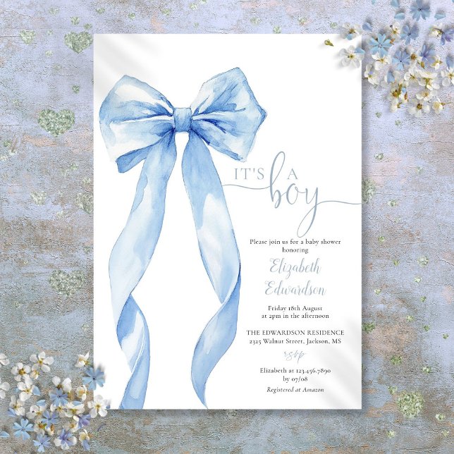 Convite É Um Chá de fraldas Arco Azul Elegante (Its A Boy Elegant Blue Bow Baby Shower Invitation)