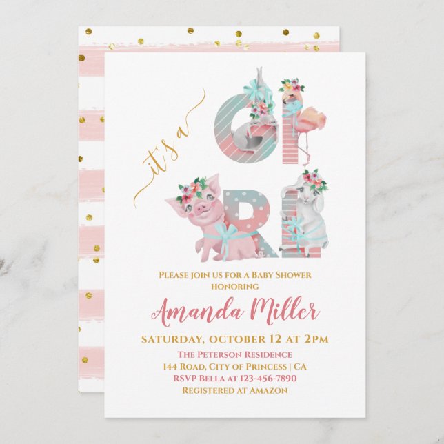 Convite É um Chá de fraldas Bonito de Letras de Animais In (Frente/Verso)