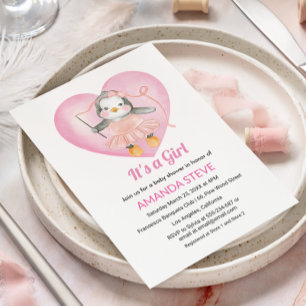 Convite É um chá de fraldas branco rosa pinguim