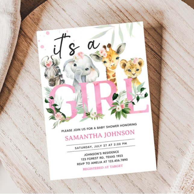 Convite É um Chá de fraldas de animais Safari (Pink Floral Jungle Safari Baby Shower Invitation)