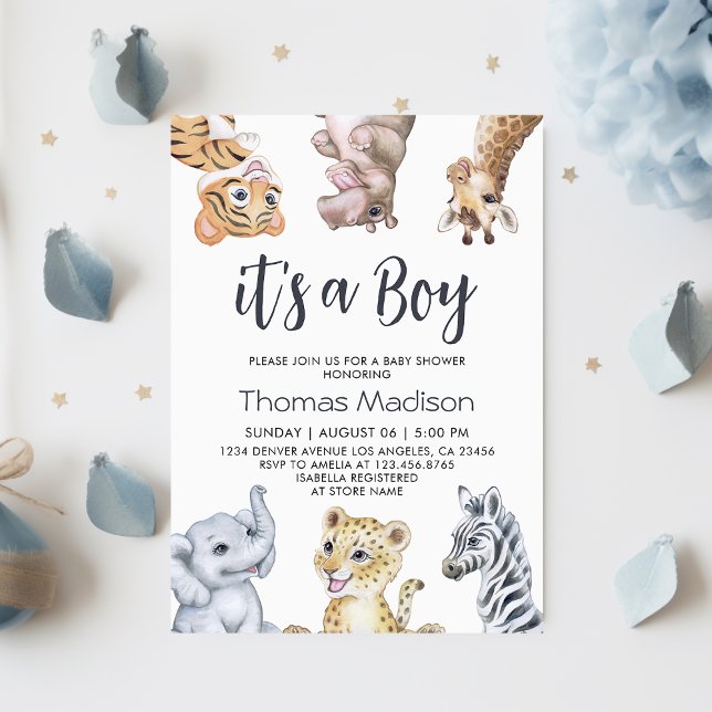 Convite É um Chá de fraldas de animais selvagens Safari (It's a Boy Wild Safari Animals Baby Shower Invitation
)