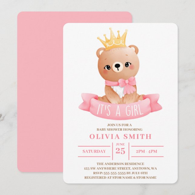 Convite É um Chá de fraldas de Aquarela de Urso Bebê Bonit (Frente/Verso)