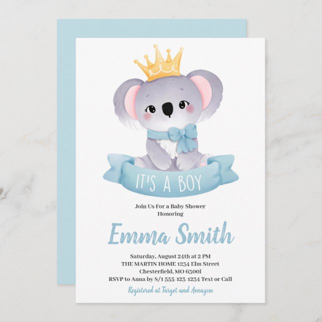 Convite É um Chá de fraldas de Aquarela Koala Cute Boy Inv (Frente/Verso)