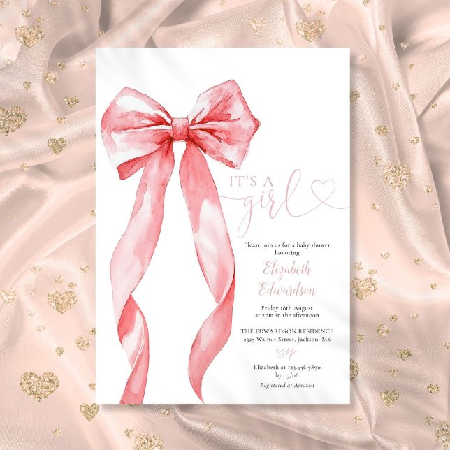 Convite É Um Chá de fraldas De Arco Rosa Elegante (Its A Girl Elegant Pink Bow Baby Shower Invitation)