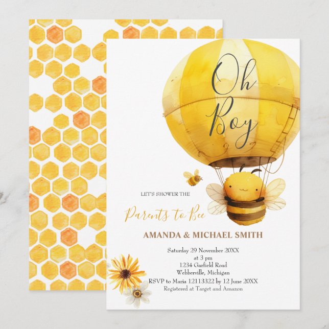 Convite É um Chá de fraldas de Bee Watercolor (Frente/Verso)