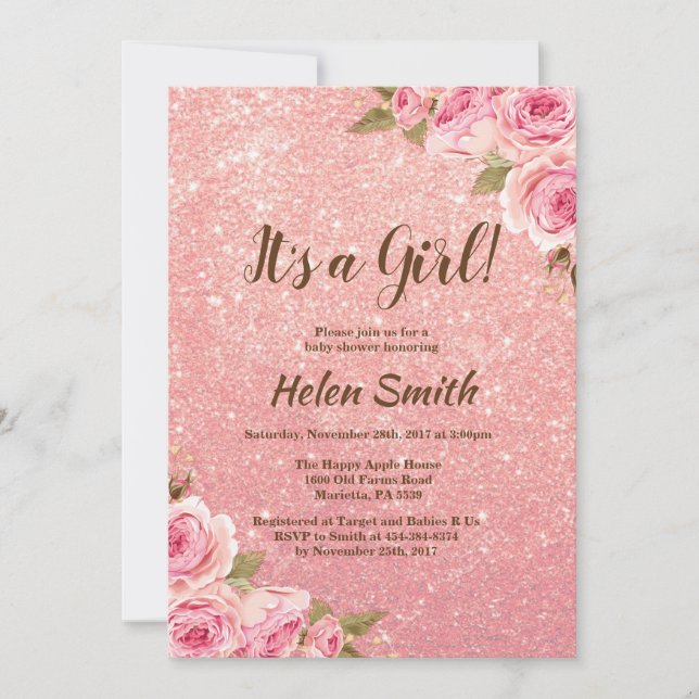 Convite É um Chá de fraldas de Brilho Dourado Rosa (Frente)