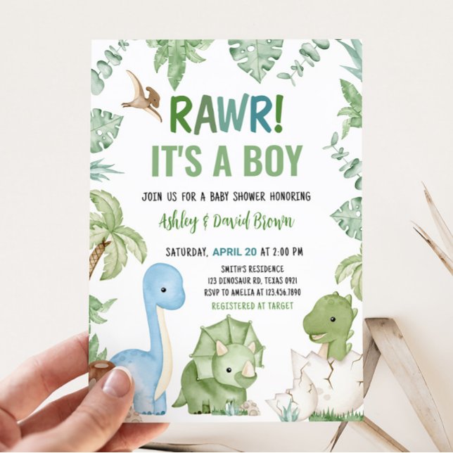 Convite É um Chá de fraldas de Dinossauro (Greenery Boy Dinosaur Baby Shower Invitation)