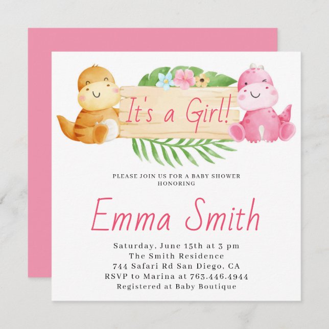 Convite É um Chá de fraldas de Dinossauro de Moça de Água (Frente/Verso)