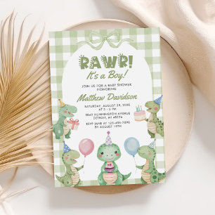 Convite É um Chá de fraldas de Dinossauro Gingham
