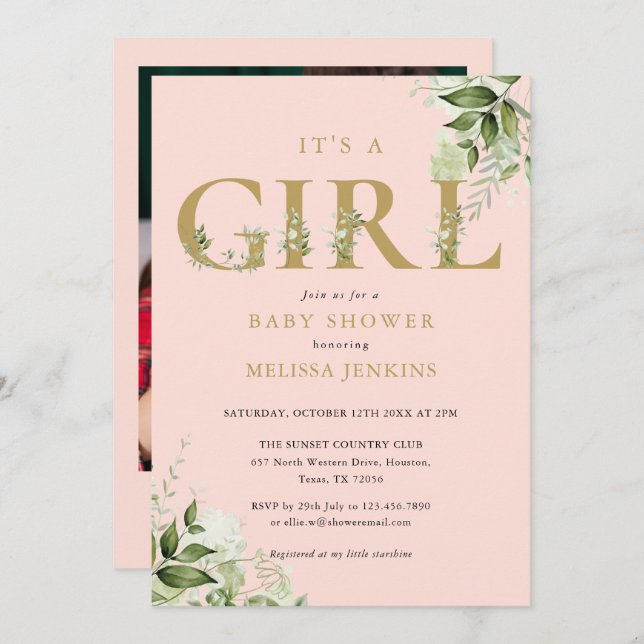 Convite É Um Chá de fraldas De Foto Dourado Rosa Verde Men (Frente/Verso)