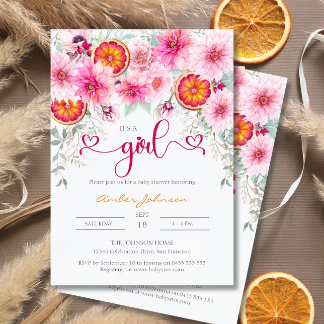 Convite É um Chá de fraldas de fruta rosa-rosa (It's a girl baby shower invitation, pink peonies, pink dahlias and slices of orange)