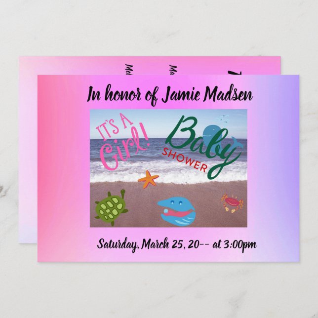 Convite É um Chá de fraldas de garota com critérios oceâni (Frente/Verso)