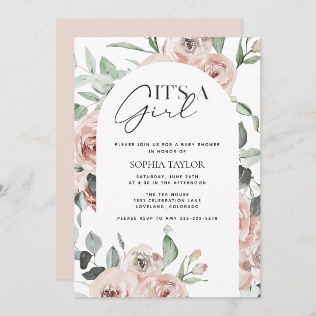 Convite É um Chá de fraldas de Garota Rosa Dusty (Frente/Verso)