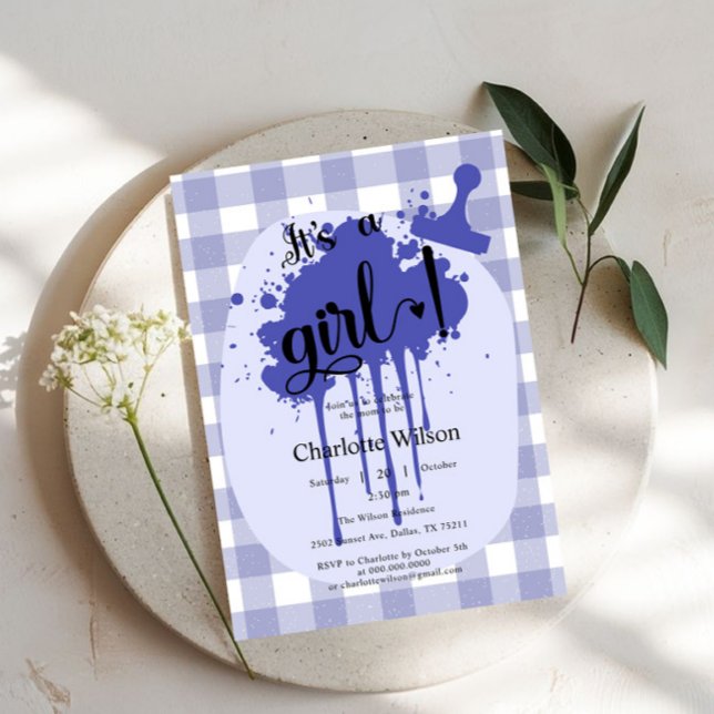 Convite É um Chá de fraldas de Gingham Marinho de Pastel G (Criador carregado)