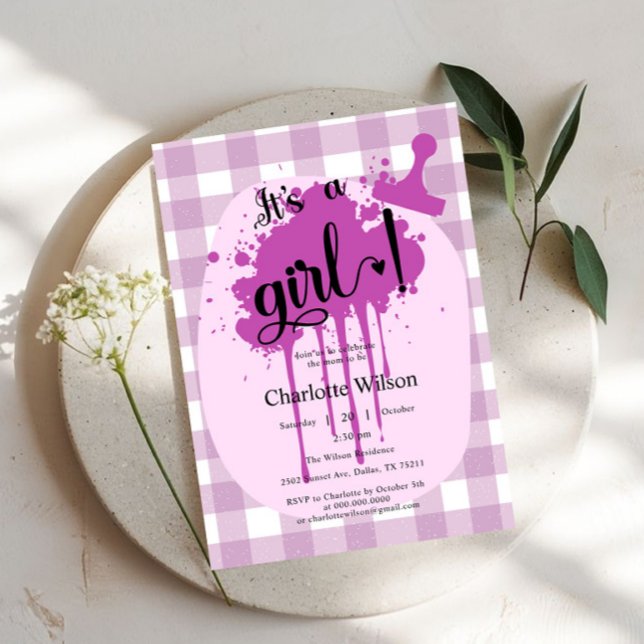 Convite É um Chá de fraldas de Gingham Púrpura de Pastel B (Criador carregado)