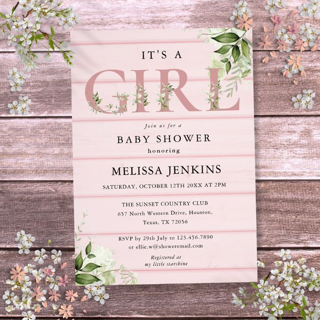 Convite É Um Chá de fraldas De Madeira Rústica Rosa Verde (Its A Girl Greenery Pink Rustic Wood Baby Shower Invitation)