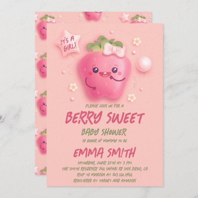 Convite É um Chá de fraldas de morango de Berry Sweet (Frente/Verso)