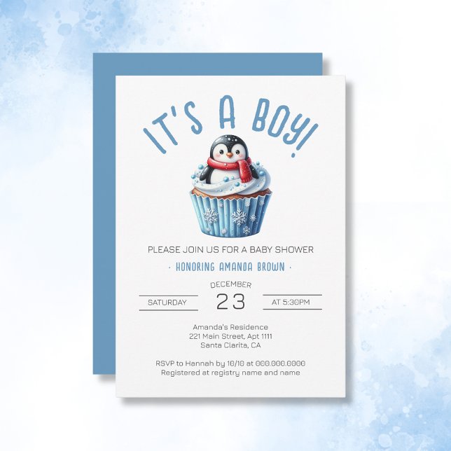 Convite É um Chá de fraldas de pinguim azul-de-inverno (It's A Boy Winter Blue Penguin Baby Shower Invitation)