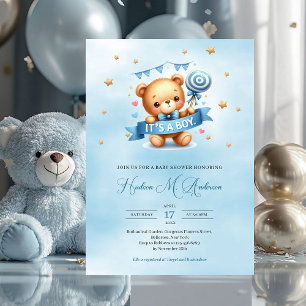 Convite É um chá de fraldas de rapaz, um urso de pelúcia
