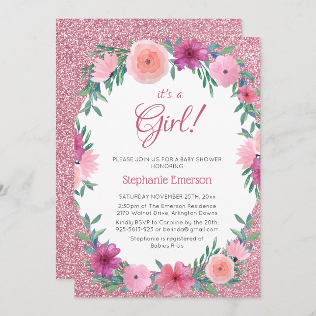 Convite É Um Chá de fraldas De Rosa Floral Dourado (Frente/Verso)