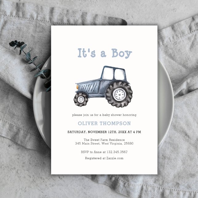 Convite É um Chá de fraldas de trator de aquarela (It's a Boy Watercolor Tractor Baby Shower Invitation)