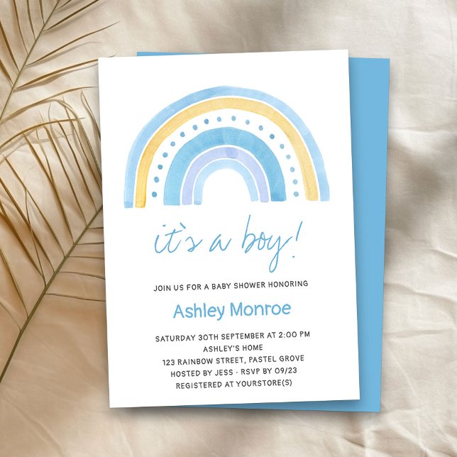 Convite É um Chá de fraldas do Arco-Íris Azul (It's a Boy baby shower invitation with cute rainbow)