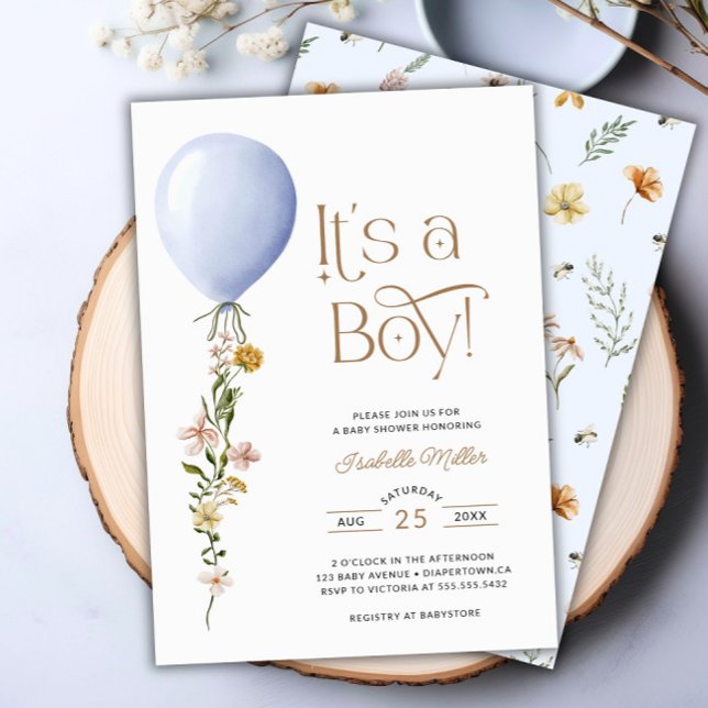 Convite É um Chá de fraldas do Balão Azul Boy (It's a Boy Blue Balloon Baby Shower Invitation)