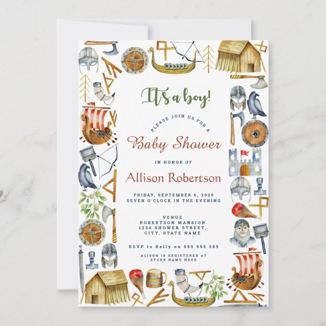 Convite É um Chá de fraldas do partido de vikings de aquar (Frente)