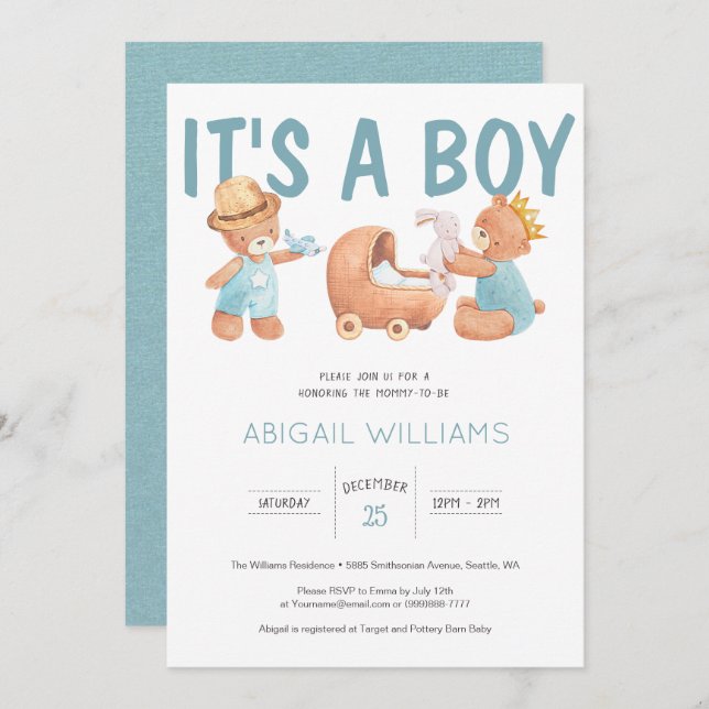 Convite É um Chá de fraldas do Urso de Teddy (Frente/Verso)