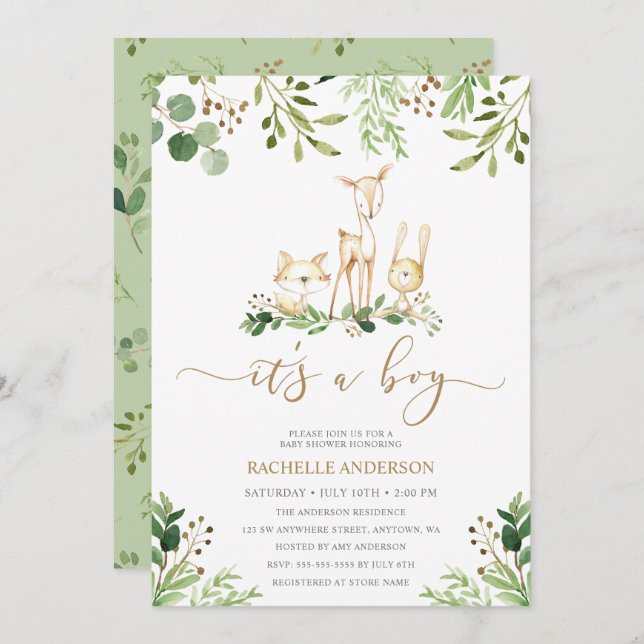 Convite É um Chá de fraldas dos animais de floresta (Frente/Verso)