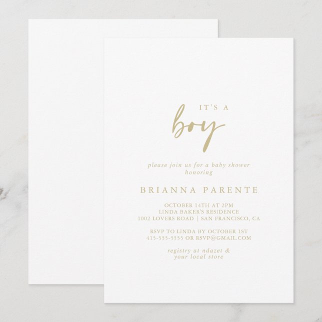 Convite É um Chá de fraldas Dourado Moderno Elegante (Frente/Verso)