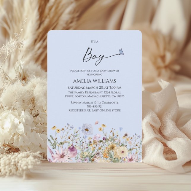 Convite É um Chá de fraldas Floral Azul Suave (Criador carregado)