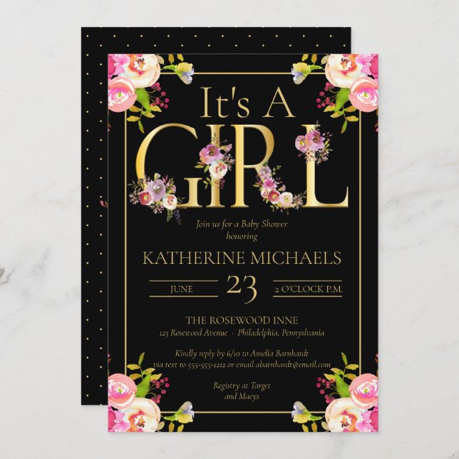 Convite É Um Chá de fraldas Floral De Blooms De Garotas (Frente/Verso)