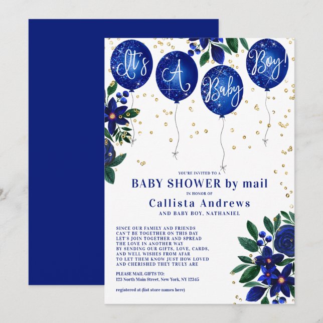 Convite É um Chá de fraldas Floral dos Balões de Brilho (Frente/Verso)