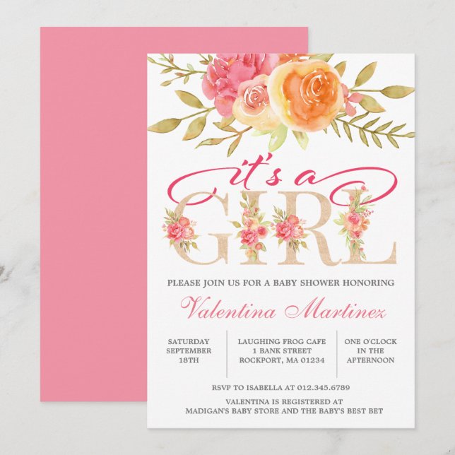 Convite É um Chá de fraldas Floral Rosa Rosa-d-água (Frente/Verso)