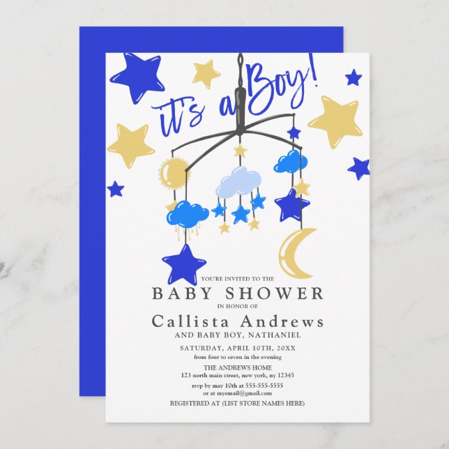 Convite É um Chá de fraldas móvel Crib Stars Moon (Frente/Verso)